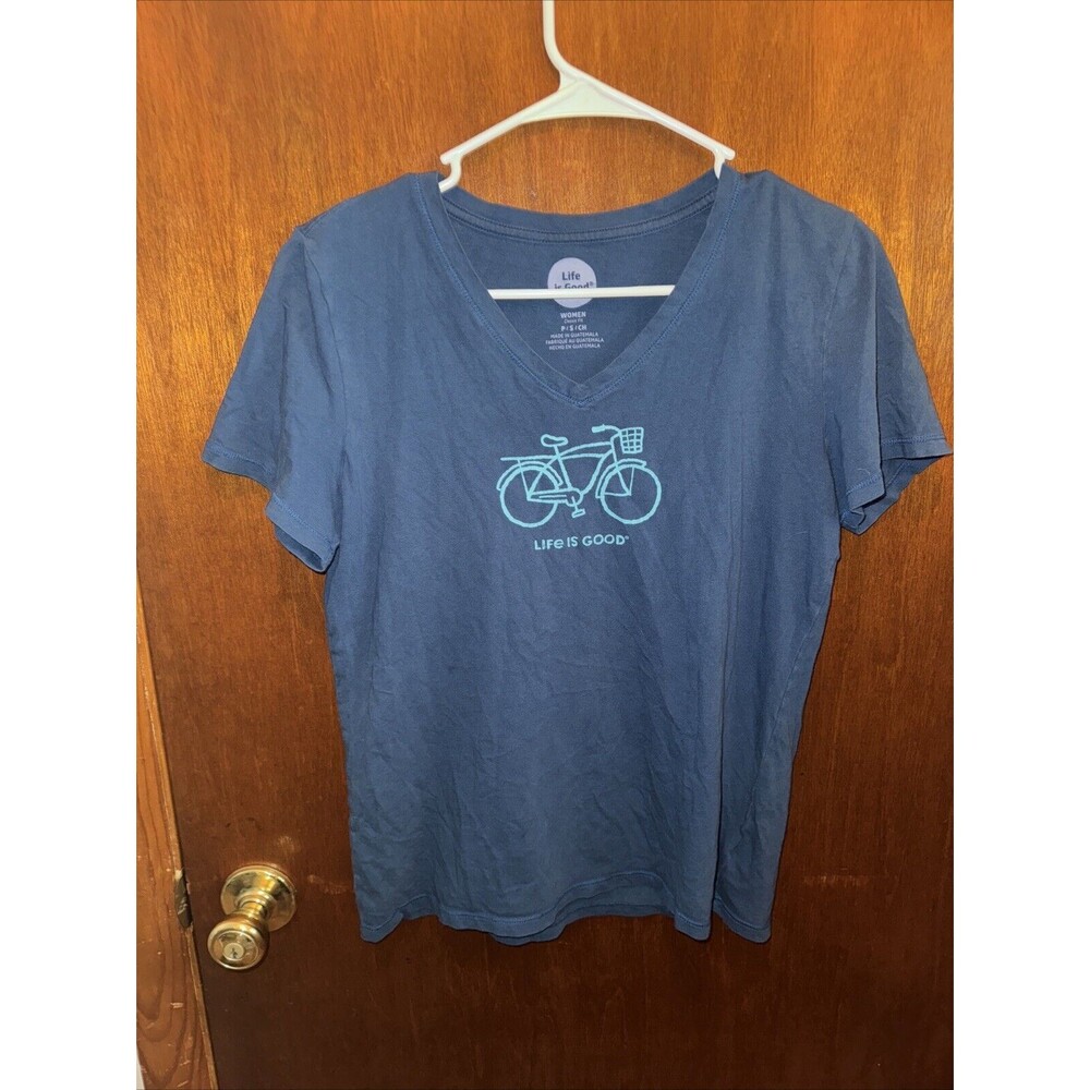 Life Is Good Short Sleeve T Shirt Womens Size Small Blue V Neck Bicycle Freedom